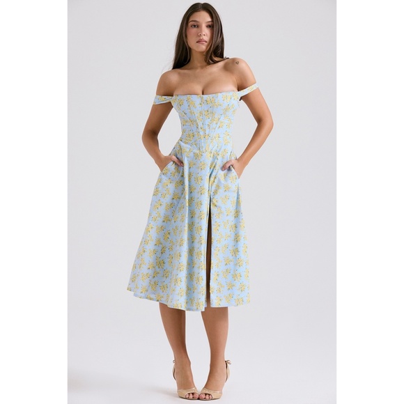 NEW House of CB Saira Soft Blue Vintage Floral Print Dress L+ (XL) - Picture 7 of 17